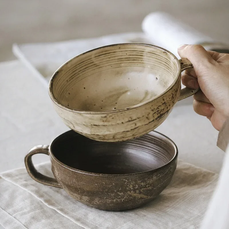 Wabi-Sabi Vintage Ceramic Bowl 13.2cm,Rustic Glaze Dessert Cup for Yogurt Oatmeal Cereal, High-End Kitchen Tableware,Unique Gift