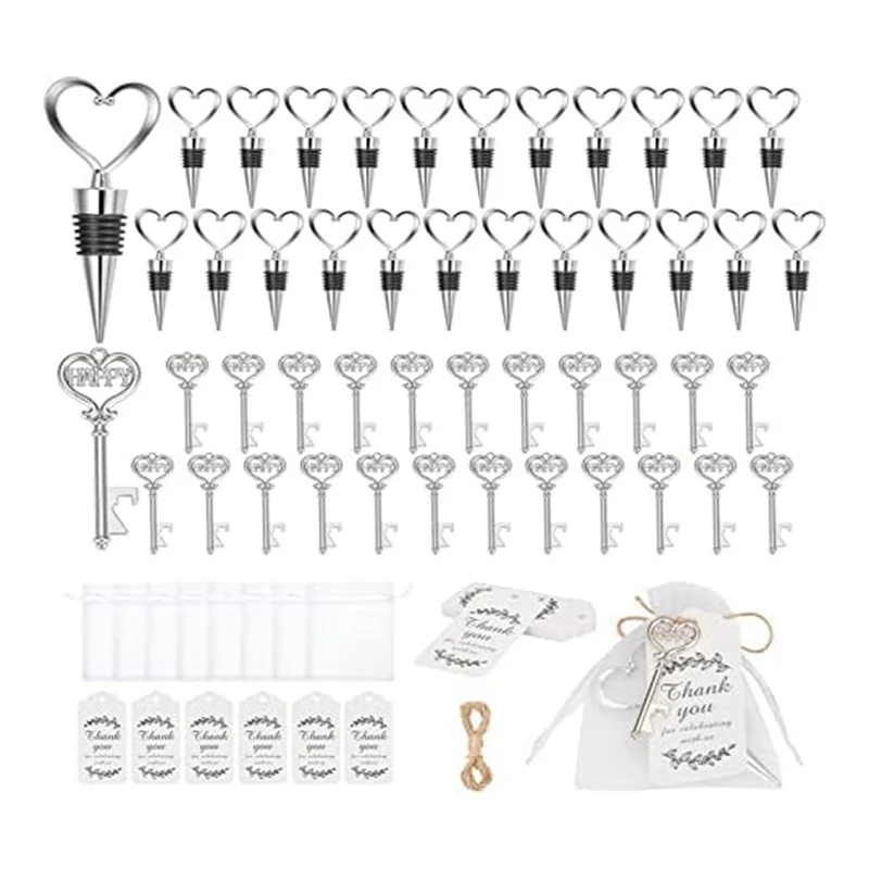 

24 Pieces Key Bottle Opener And 24 Pieces Wine Cork Set Wedding Table Decoration