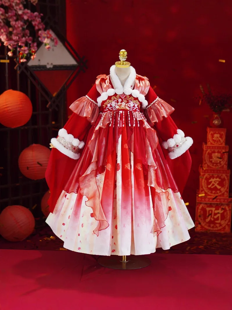Girls's Hanfu Winter Quilted Thick Warm Tang Dynasty Princess Ancient Style Super Immortal Chest Length Skirt New Year's Clothes
