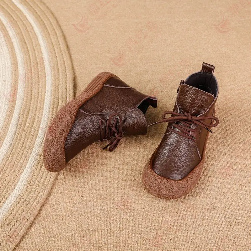 New cow leather ankle boots women laced up waterproof shoes ladies wide fit short boot woman autumn oxfords shoes brown booties