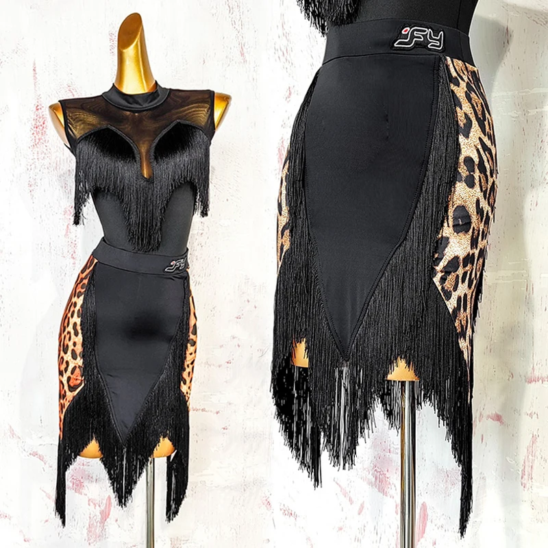 

Latin Dance Costume Women Black Open Back Leotard Fringe Leopard Print Skirt Adult Sexy Performance Outfit Practice Clothes 3642