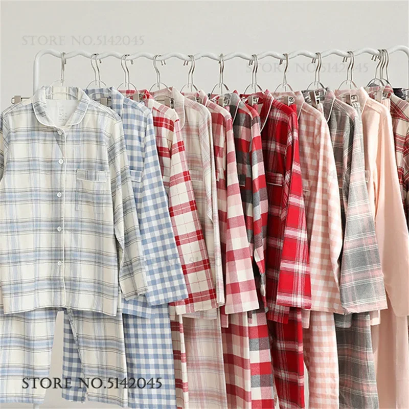 Spring Autumn New Cotton Couple Pajamas Set Loungewear Print Plaid Trouser Suits Home Clothes Loose Casual Pijamas Suit Pyjama