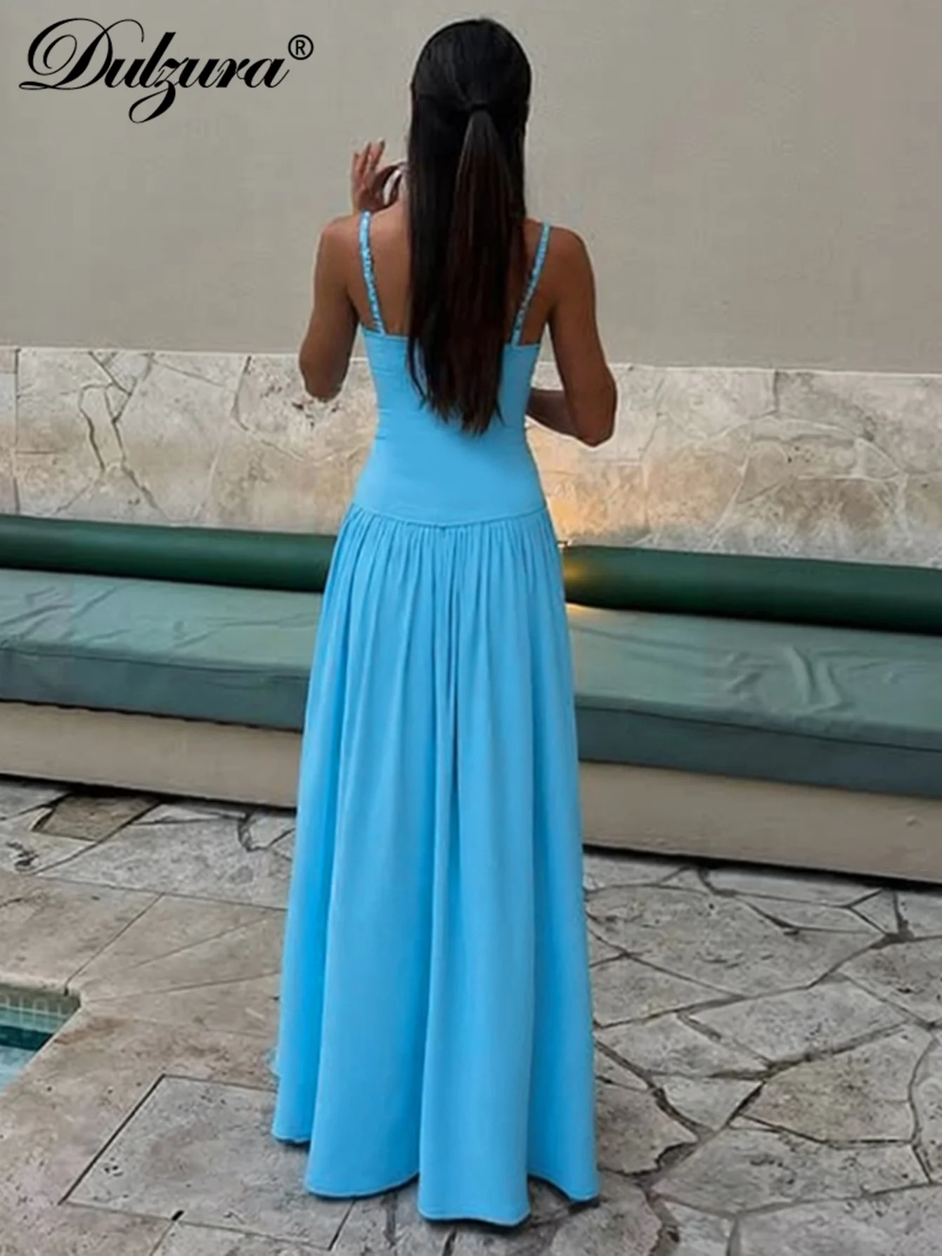 فستان طويل للسيدات من Dulzura بدون أكمام وظهر مكشوف وطيات فستان طويل مثير وأنيق للحفلات والنوادي والشارع ملابس صيفية