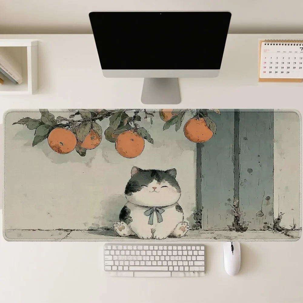 

Cute Cat Game Mouse Pad, featuring a gray and white cat resting under an orange tree, anime aesthetic style teclado mecânico