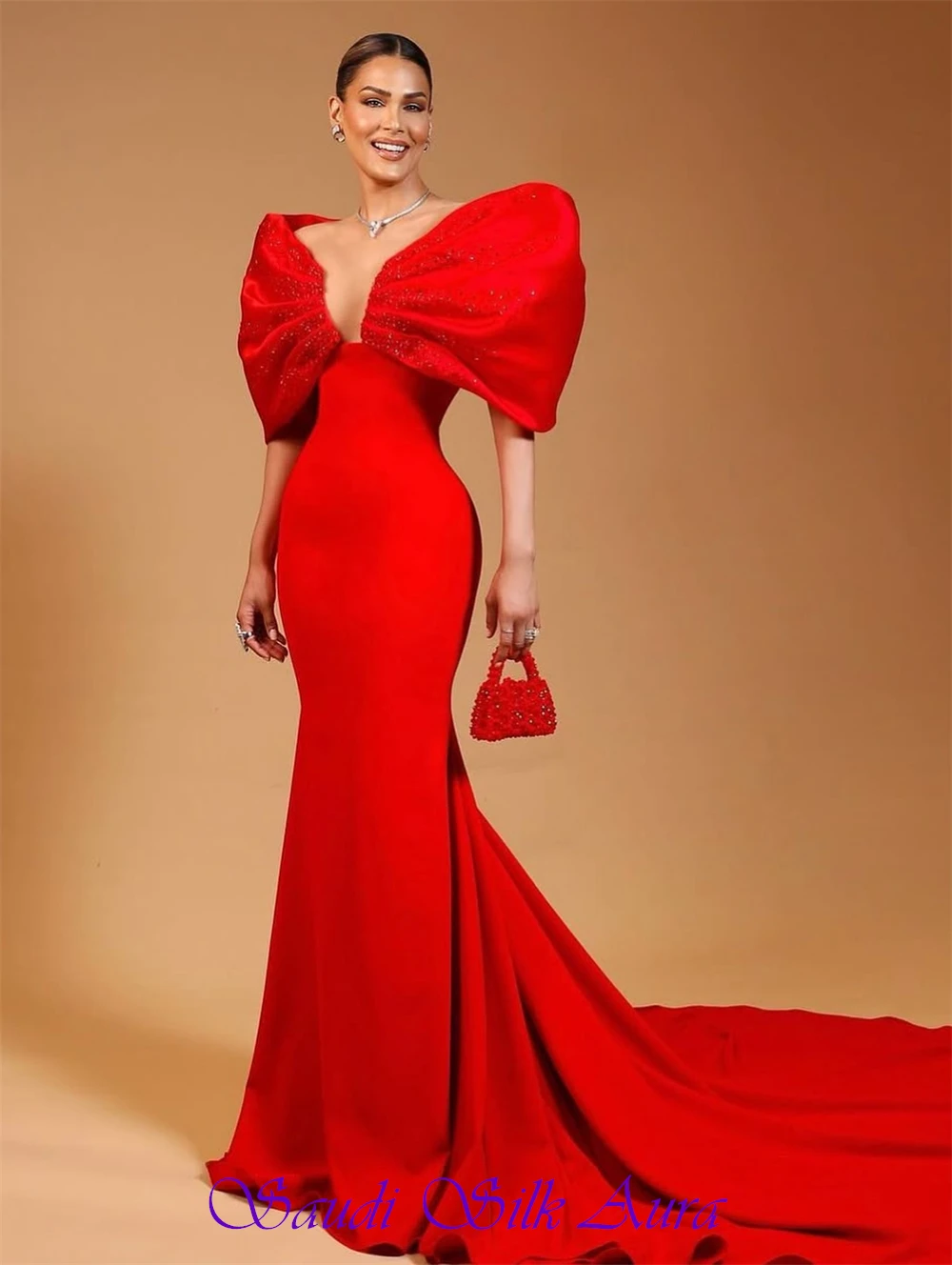 فستان سهرة أنيق من الجيرسيه الأحمر مخصص رسمي برقبة على شكل حرف V قبالة الكتف فستان الحفلات الناعم حورية البحر ذيل محكمة فستان العودة للوطن