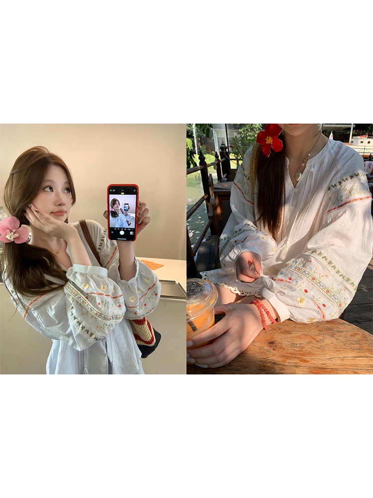 

Imxiang Heavyweight Linen Cotton Embroidered Doll irt A-Line Skirt Women's Casual V-Ne Long Sve Loose Fit Breathable