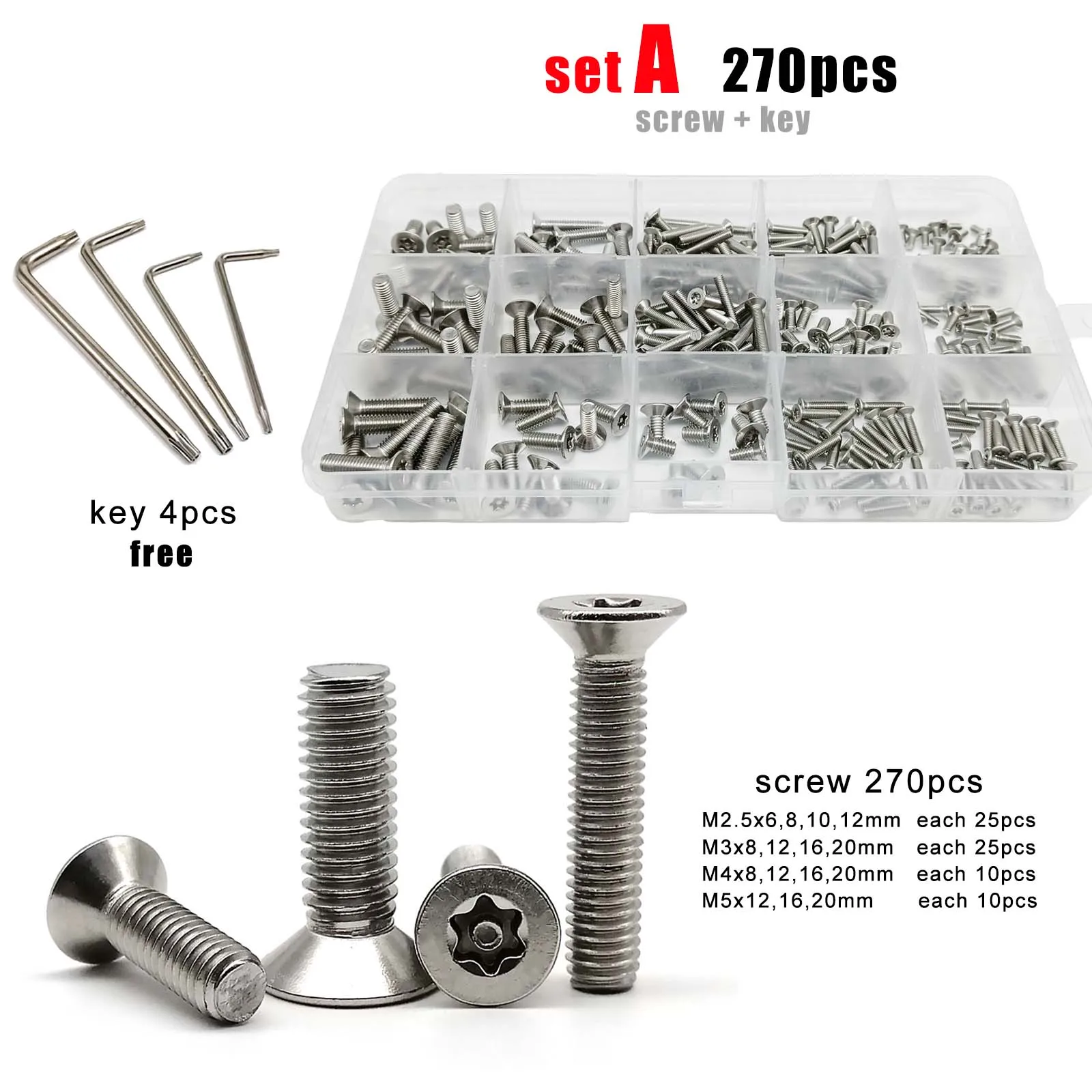 270/840X Torx Flat Countersunk Head With Pin Anti-theft Security Screw Bolt Key Set Kit M2.5M3M4M5 Mix Size 304 A2 Stainless Ste