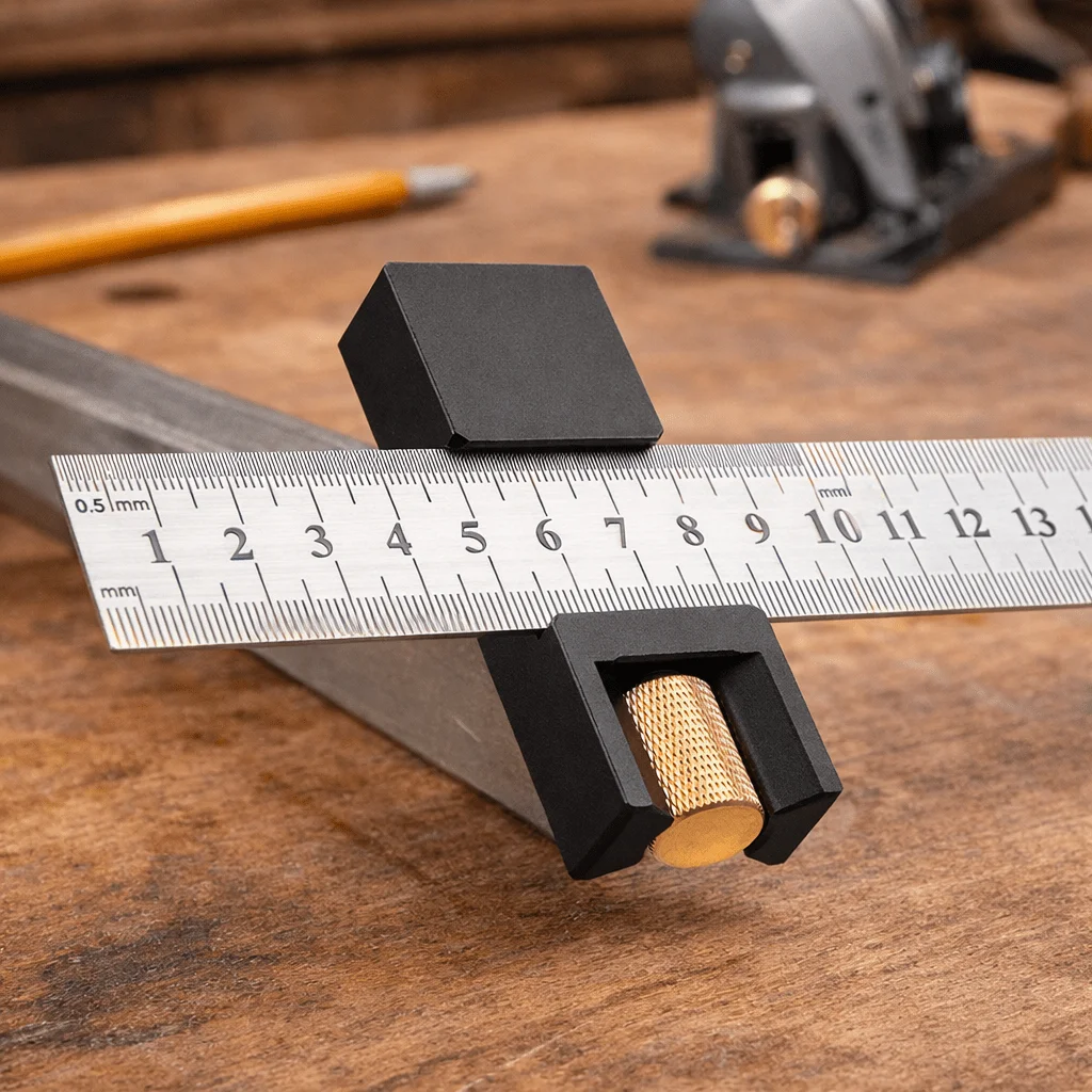 1pc Heavy-Duty Metal 45°/90° Angle Steel Ruler Positioning Block with Stop - Angle Scriber & Line Marking Gauge for Woodworking