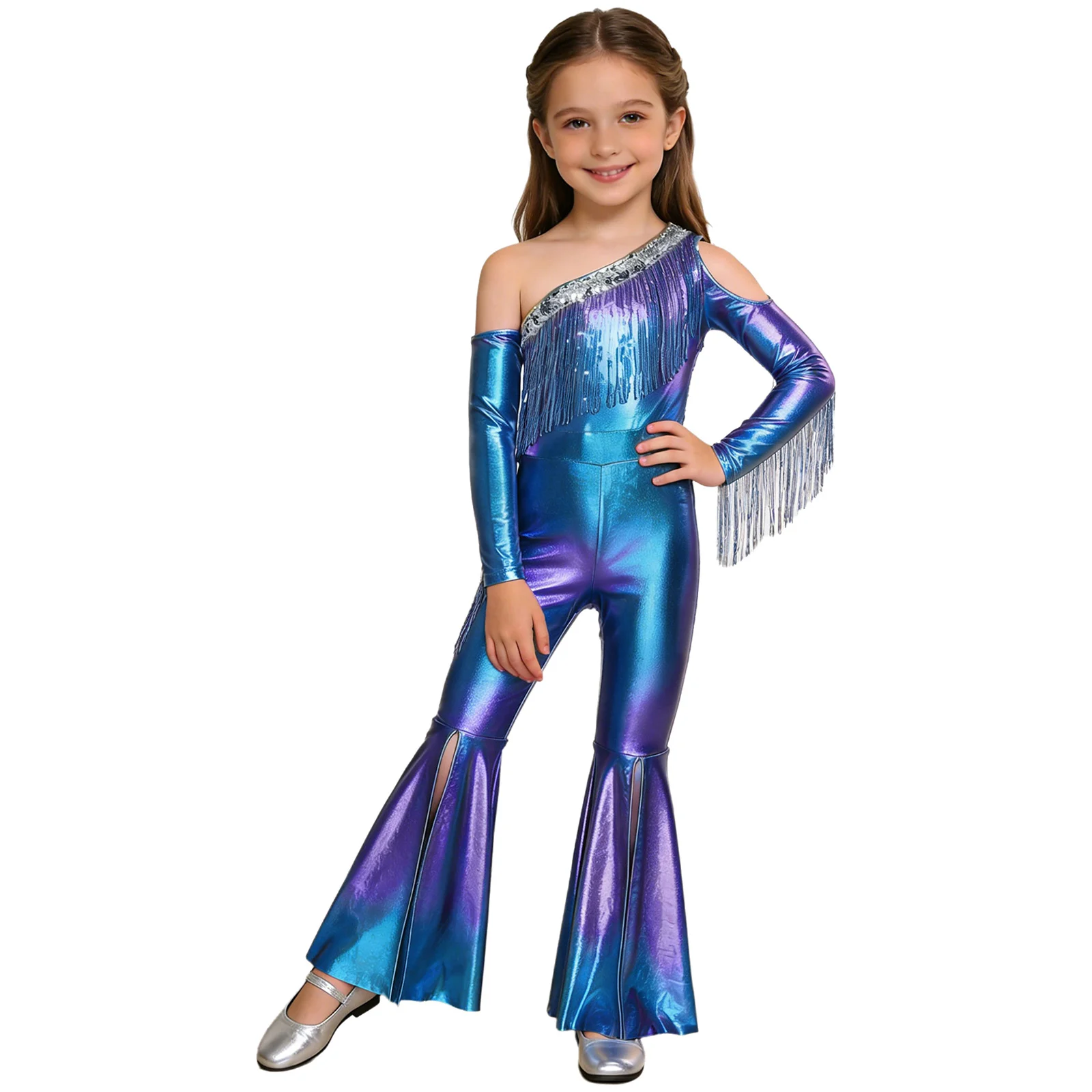 

Kids Girls Shiny Sequin Metallic Rompers Jazz Disco Dancewear Off Shoulder Long Sleeve Tassel Slit Bell Bottom Legs Jumpsuit