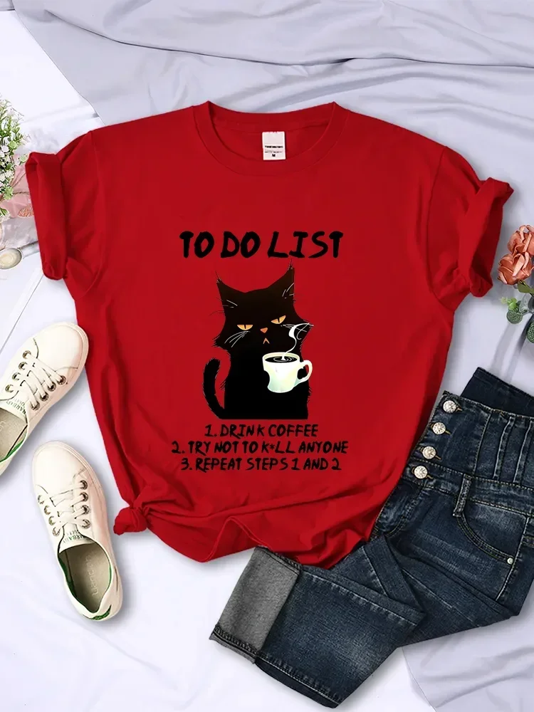 Black Cat To Do List Graphic T Shirts Funny Cat Coffee Tops  T-shirt Fashion Harajuku T-shirts Men Brand T-shirt Women Clothing