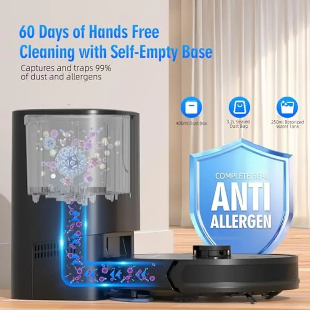 3-in-1 Vacuum Mop Combo 60 วัน Self Emptying Station LiDAR นําทางสูงสุด 5000Pa ดูดหุ่นยนต์ทําความสะอาด 6 โหมดทําความสะอาด Alexa