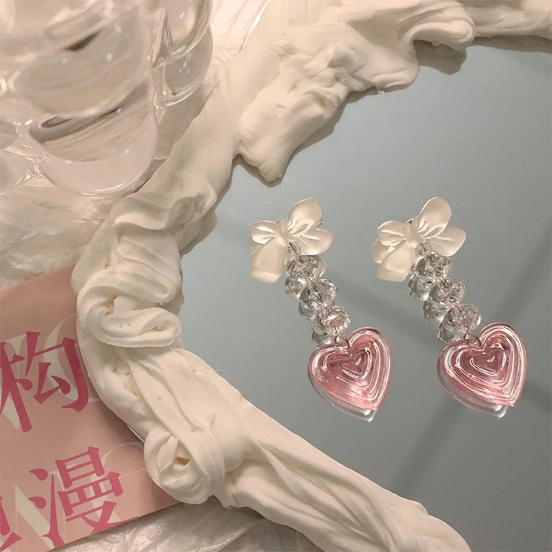 Vintage Pink Y2K Peach Heart Tassel Earrings for Women Harajuku Bowknot Korea Earrings Resin Fashion Jewelry 90s Crystal Long