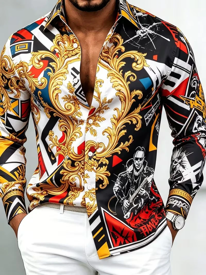 New Rock Portrait Baroque Geometric Composite Printed Long-Sleeved Shirt with a Smooth Drape and Satin Lapel for Men