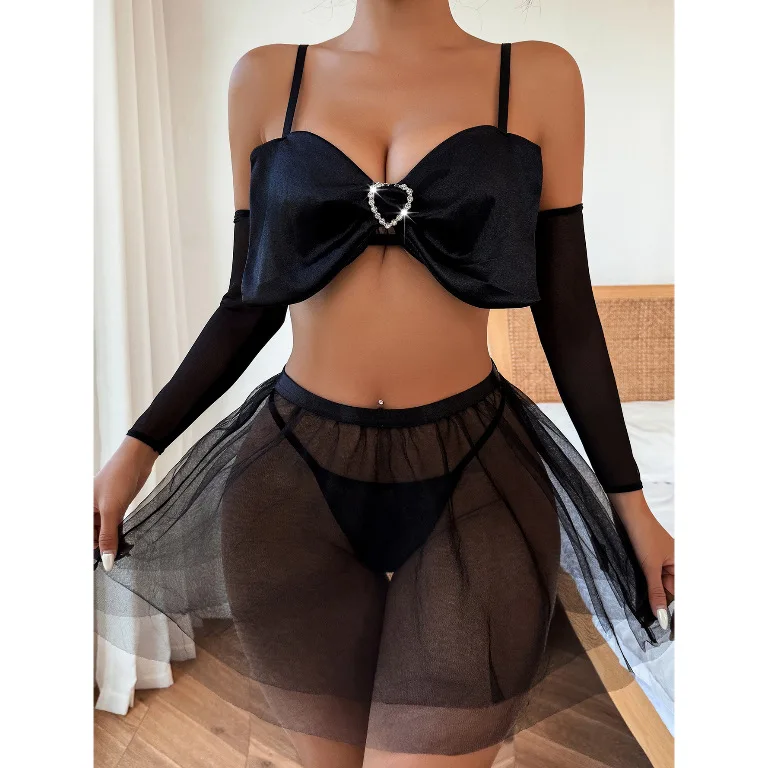 

Women's new black bow thong mesh skirt sexy underwear set