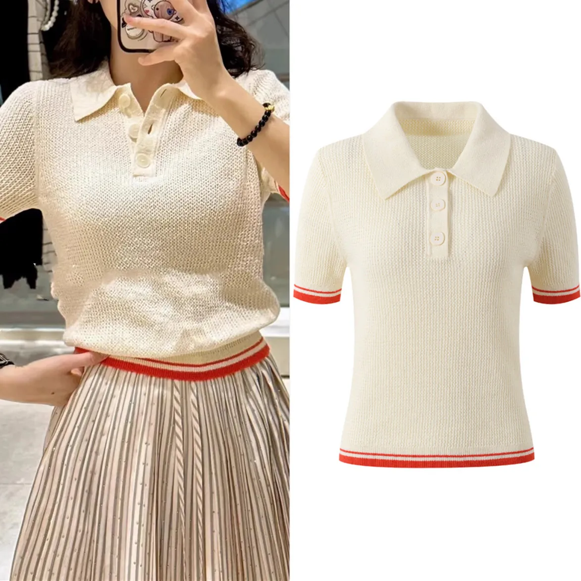 

High-End Version European Design Sweet Simple Color Blo Slim Fit ort Sve Knitted irt Top for Women Summer 2025