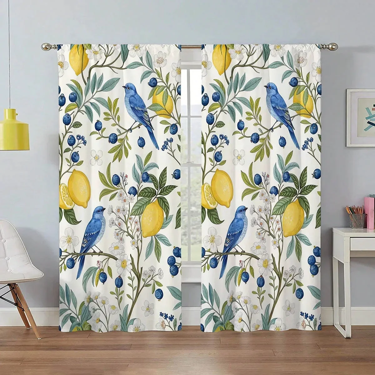 Watercolor Bird and Lemon Print Curtains for Living Room Window Home Decor Light Filtering Panels