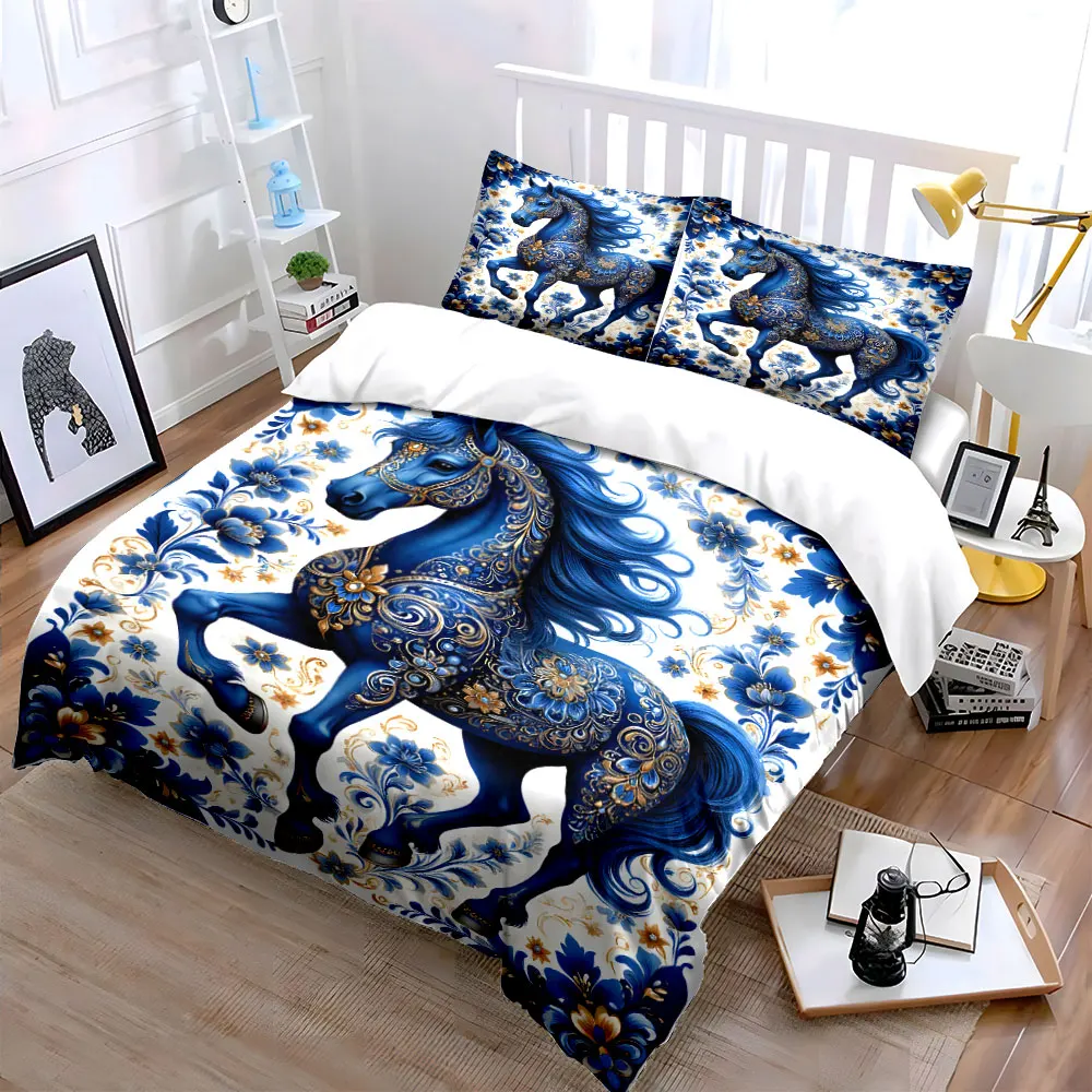 Majestic horse with ornate blue patterns Duvet Cover Set with 3D Printing Design Soft Polyester Bedding Set All-Season Comfort