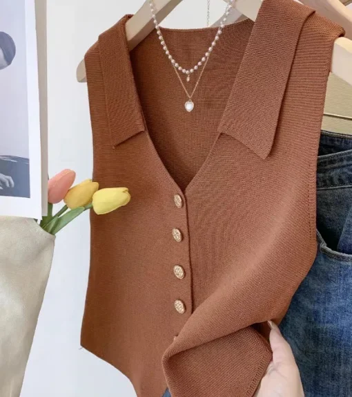 Damen Sommer-Stricktop mit Stehkragen, Ärmellos, Schmal Geschnittenes Graues Tanktop, Koreanischer Stil Layering Freizeithemd – Detail 6