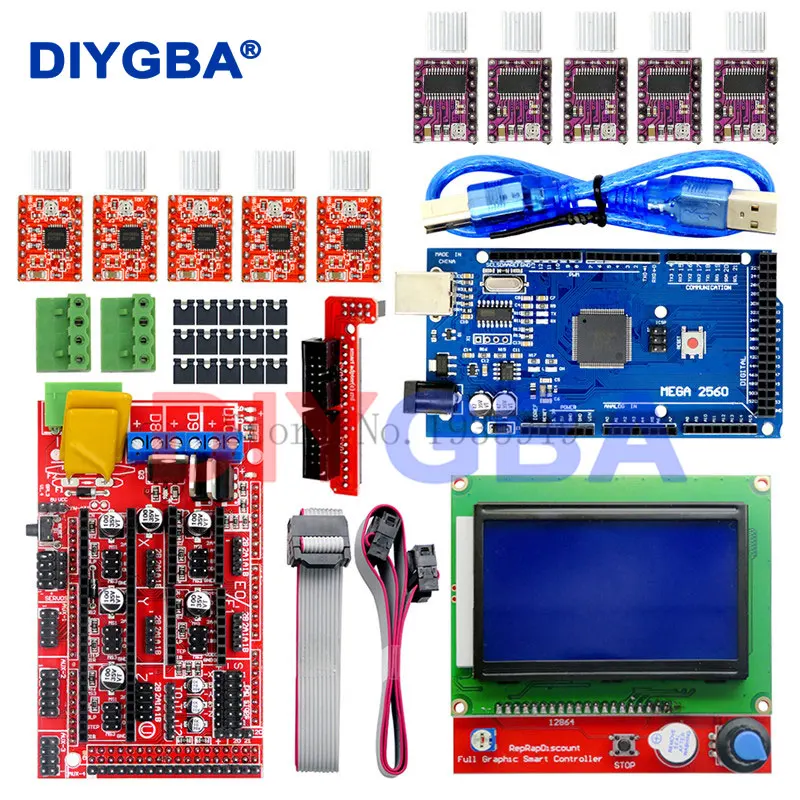 Mega 2560 R3 CH340+1pcs RAMPS 1.4 Controller+5pcs A4988/DRV8825 Stepper Driver Module+1pcs 12864 controller for 3D Printer kit