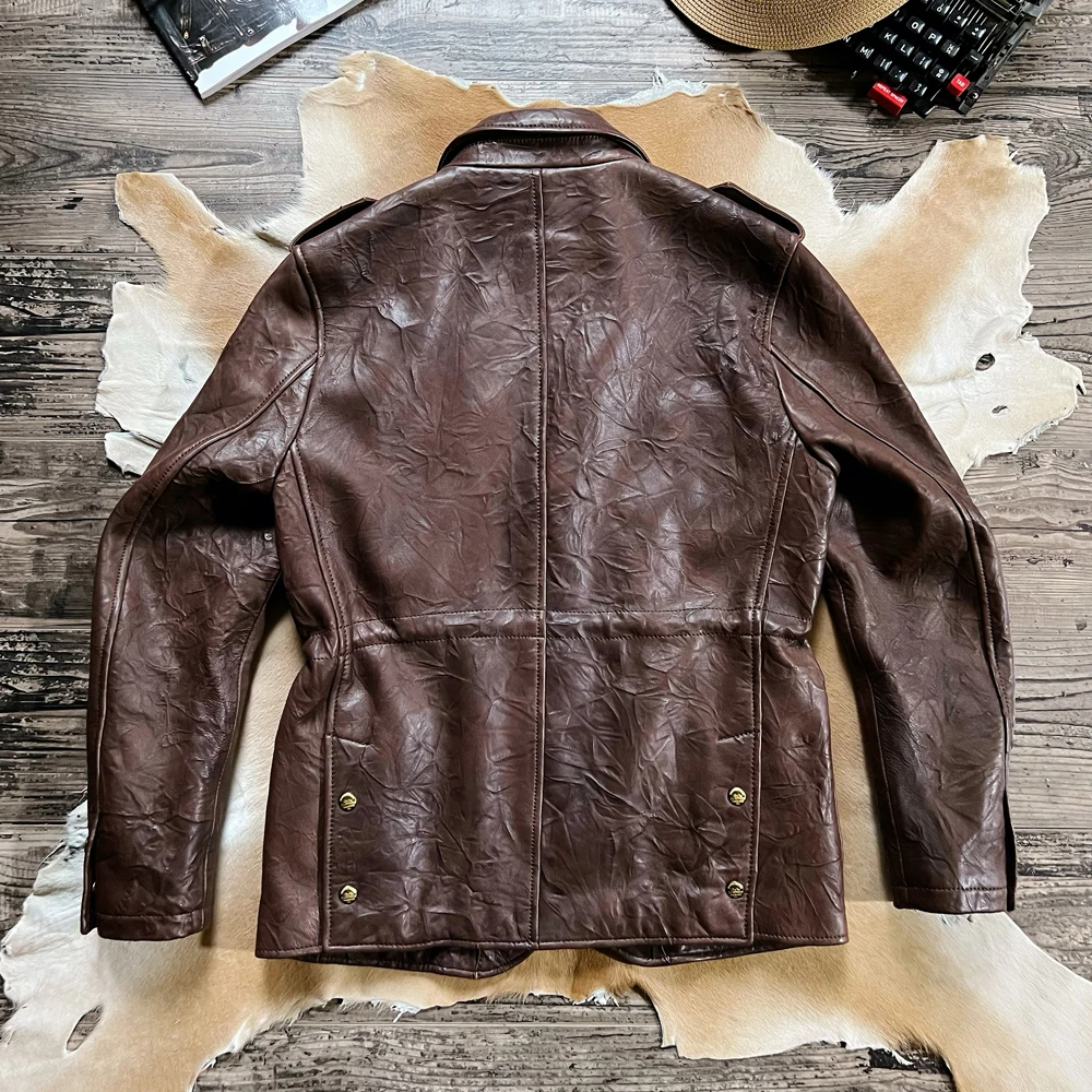 YR!Free shipping.Cidu brand.Luxury Italy texture sheepskin jacket.Vintage Brown hunting clothes.Men slim leather Trench coat,