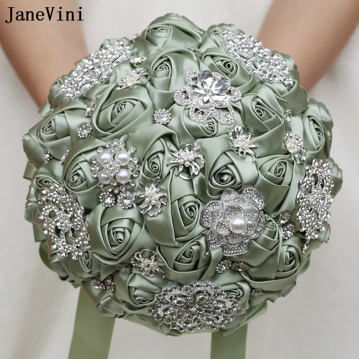 

JaneVini Sparkly Silver Rhinestones Sage Ribbon Flowers Bridal Brooch Bouquets Artificial Satin Roses Wedding Bouquet for Bride