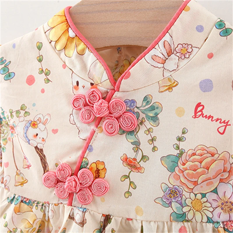 0-4 Years Old Chinese Style Baby Girl Dresses Adorable Rabbit Children Dresses Unique Button Kid Clothes Fashion Toddler Costume