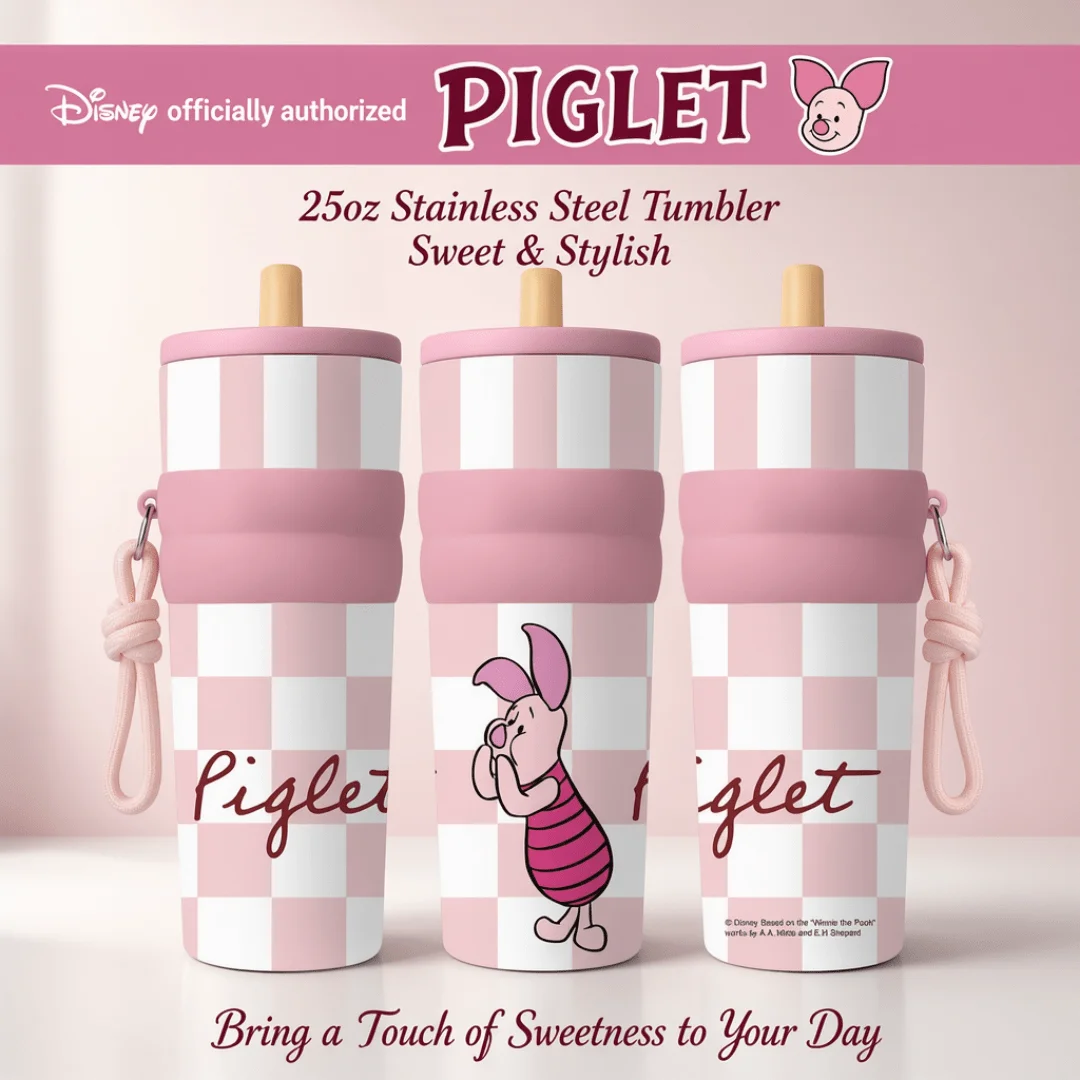 1pc 25oz Disney Cute Piglet Stainless Steel Tumbler Insulated Travel Mug with Straw Hanging Rope Portable Cup for Car Outdoor