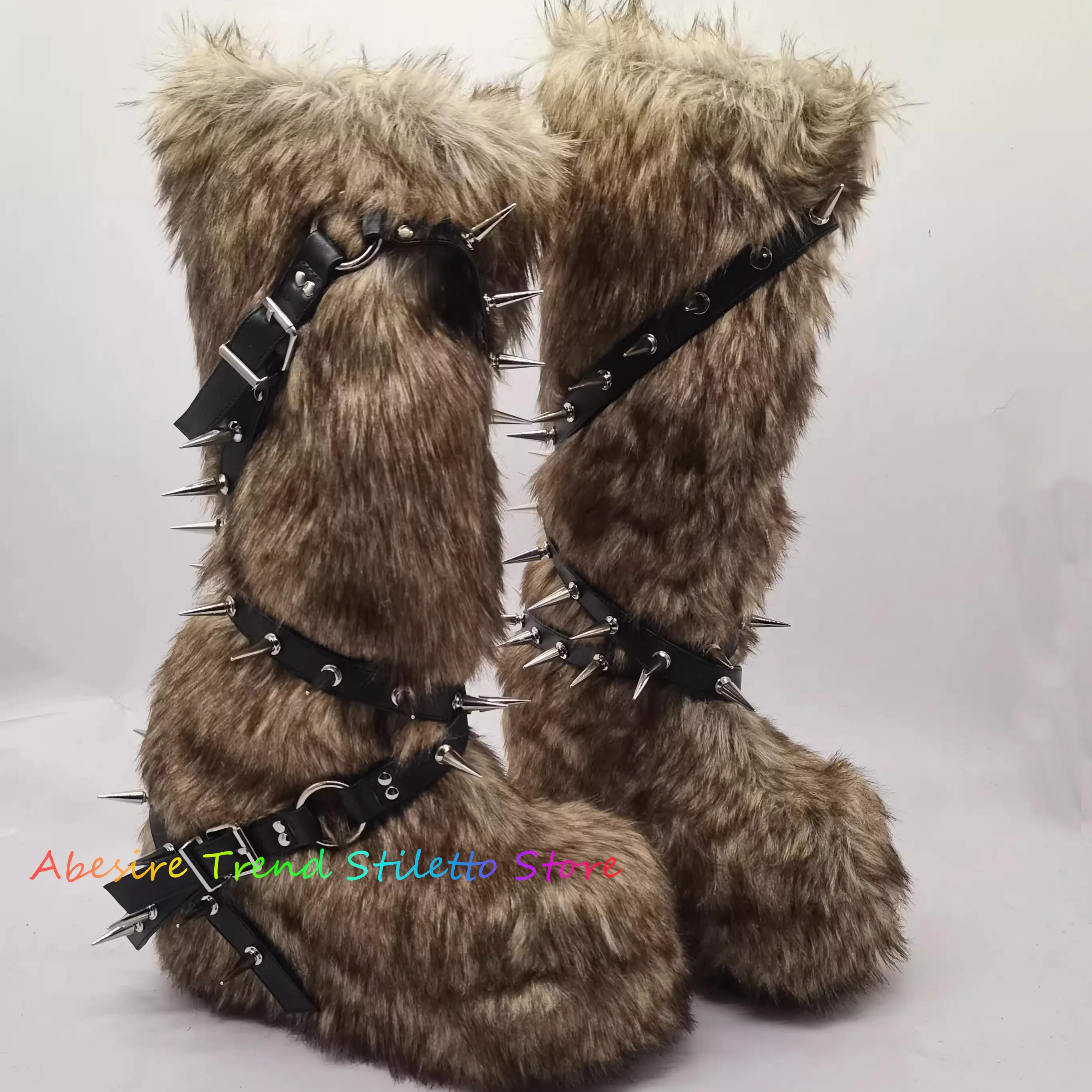 Spicy Girl White Faux Fur Knee High Boot Round Toe Platform Rivet Belt Buckle Thick Sole Fluffy Fuzzy Lady Winter Snow Booties