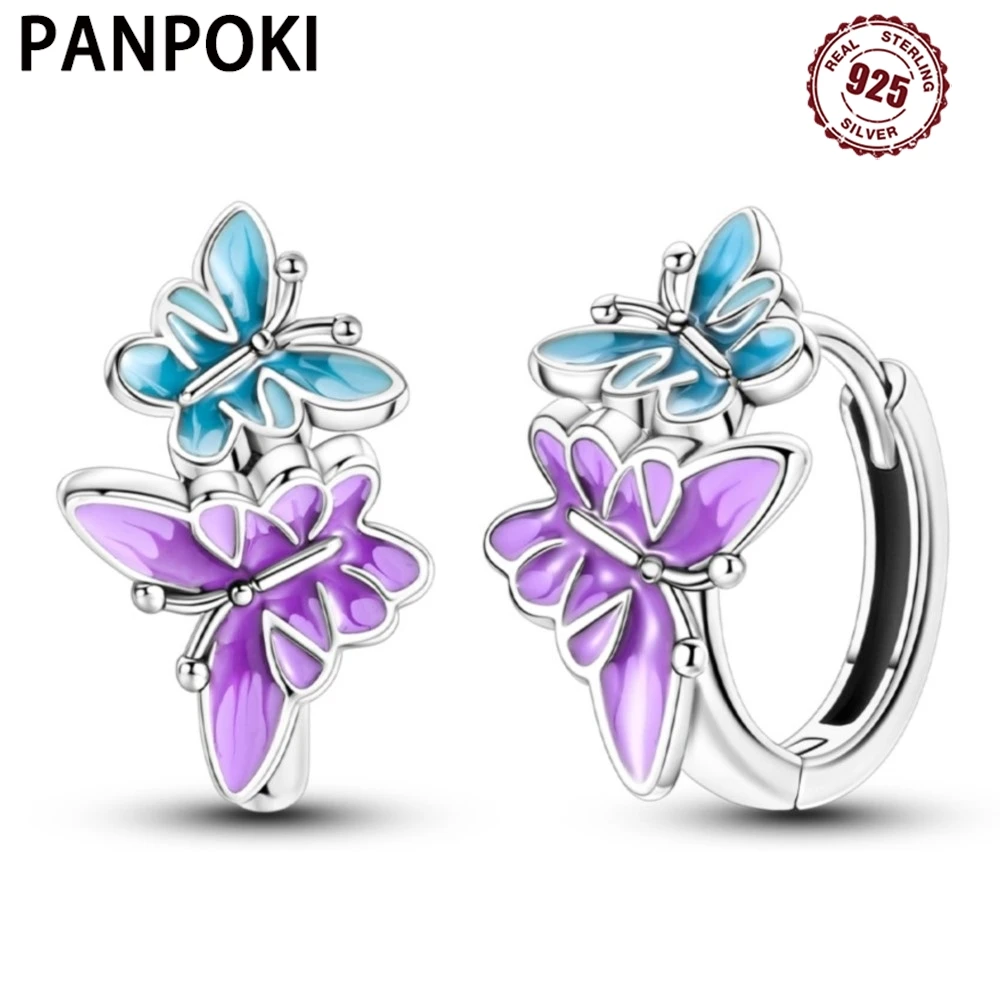 

PANPOKI S925 стерлингового серебра синие фиолетовые серьги-бабочки с насекомыми серьги-кольца для женщин ювелирные изделия оригинальные вечерние модные подарки
