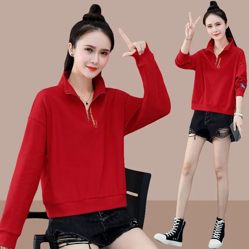 

Повседневная женская толстовка из жоржета с воротником-стойкой на молнии до середины груди, модная универсальная модель в корейском стиле, с длинными рукавами, для весны и осени