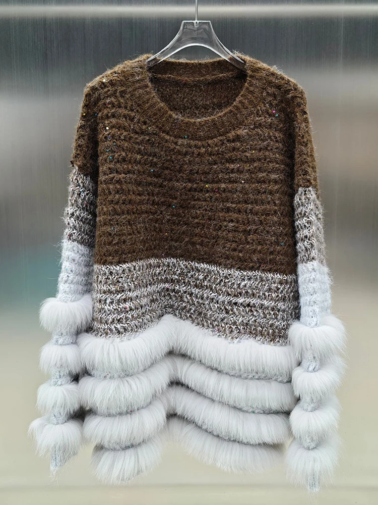 

New Women Spring Autumn Real Fox Fur Decoration Knitted Sweater Strip Sewed Sweater Female Jacket Outerwear Pullover Coat