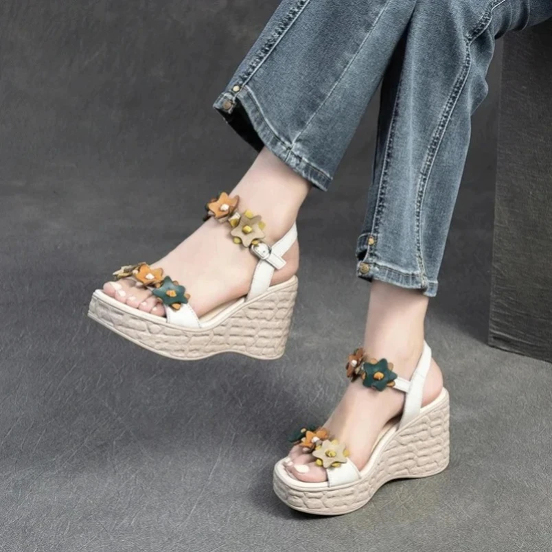 

2025 сандалии высшего класса из натуральной яловой кожи, 8 см, женская обувь ручной работы, туфли на танкетке, толстая подошва, ремешок-ведро