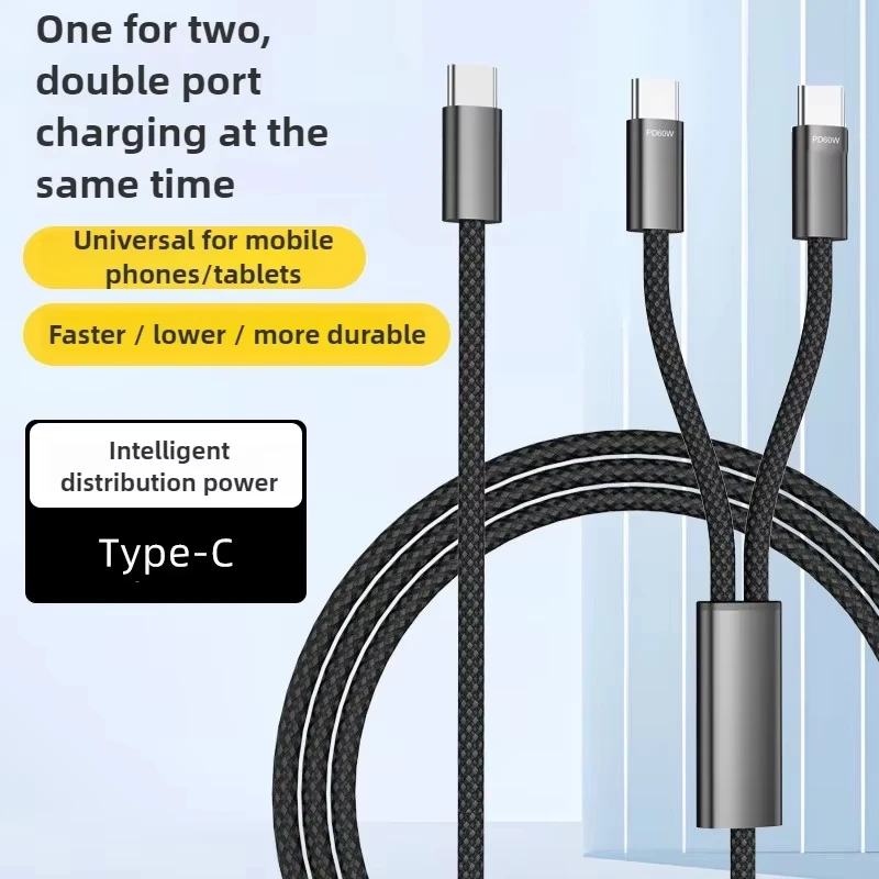 

2-in-1 Type C Cable PD 60W Dual Type C Fast Charging Cable for Xiaomi Huawei Samsung iPhone 15 16 17 Pro Max Data Cord