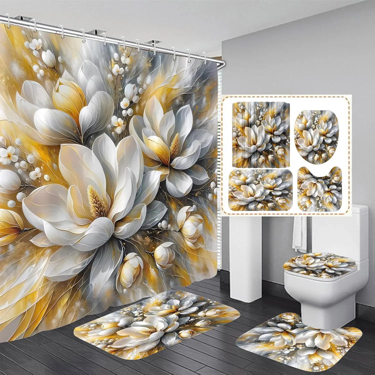 

4-Piece Magnolia Flowers Shower Curtain Set Dreamy Beauty Bathroom Set with Shower Curtain and Rugs, Gold White and Gray Bath Cu