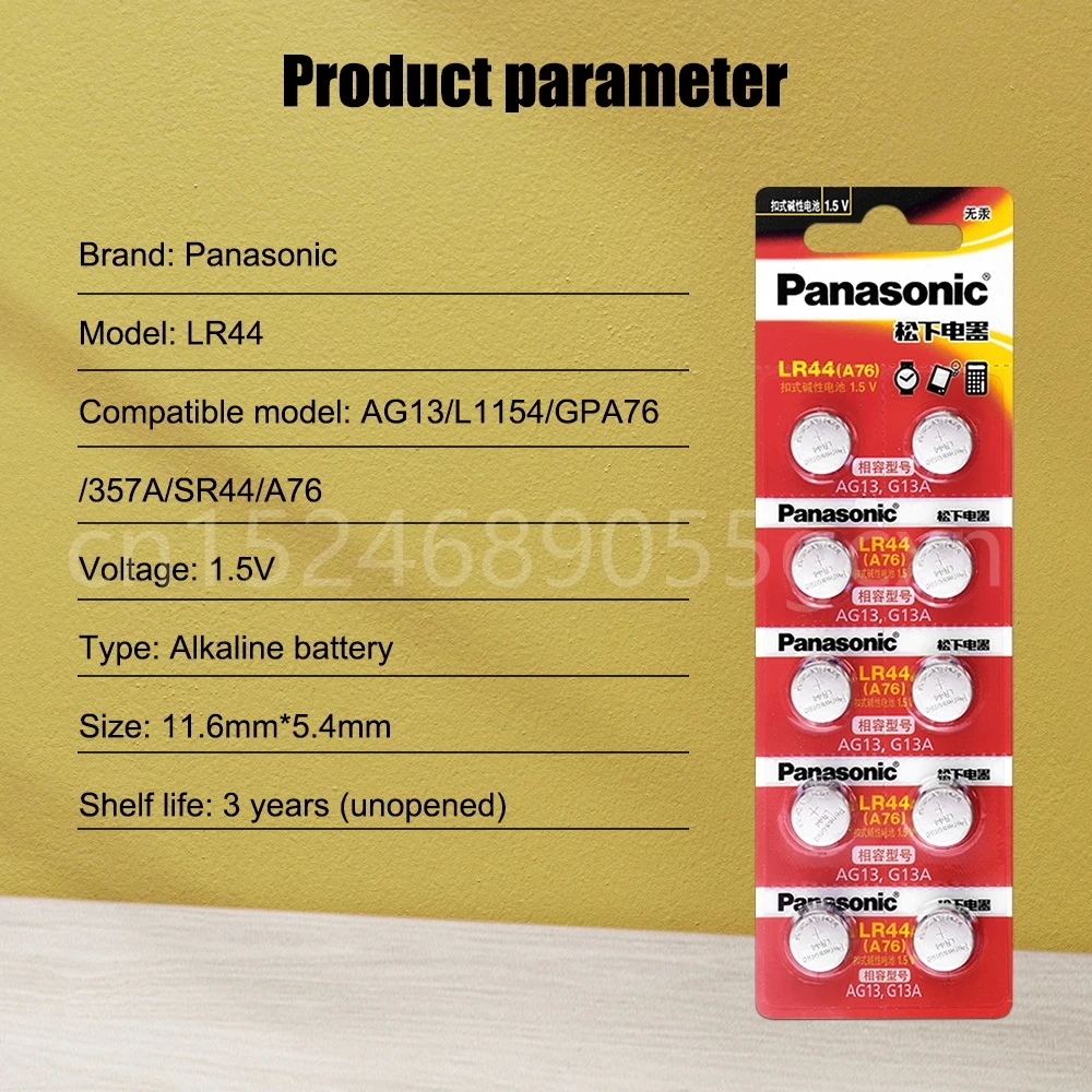 20 pz Panasonic A76 LR44 AG13 357 SR1154 SR44 LR 44 1.5V batterie alcaline per orologio calcolatrice giocattolo pulsante remoto cella a bottone