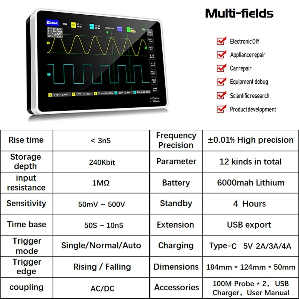 FNIRSI-1013D Digital Oscilloscope Tablet Osciloscopio Dual Channel 100MHz Bandwidth 1GS Sampling Rate Mini Digital Oscilloscopes