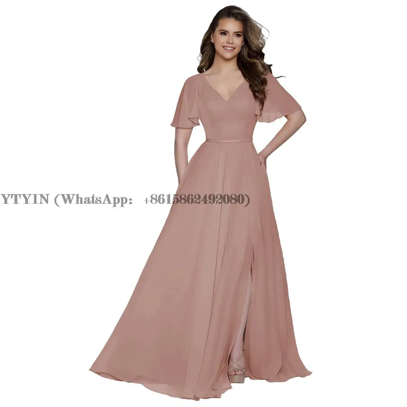 V Neck Bridesmaid Dresses Chiffon A Line Evening Dresses Wedding Guest Dresses with Slit and Sleeve for Women Customized