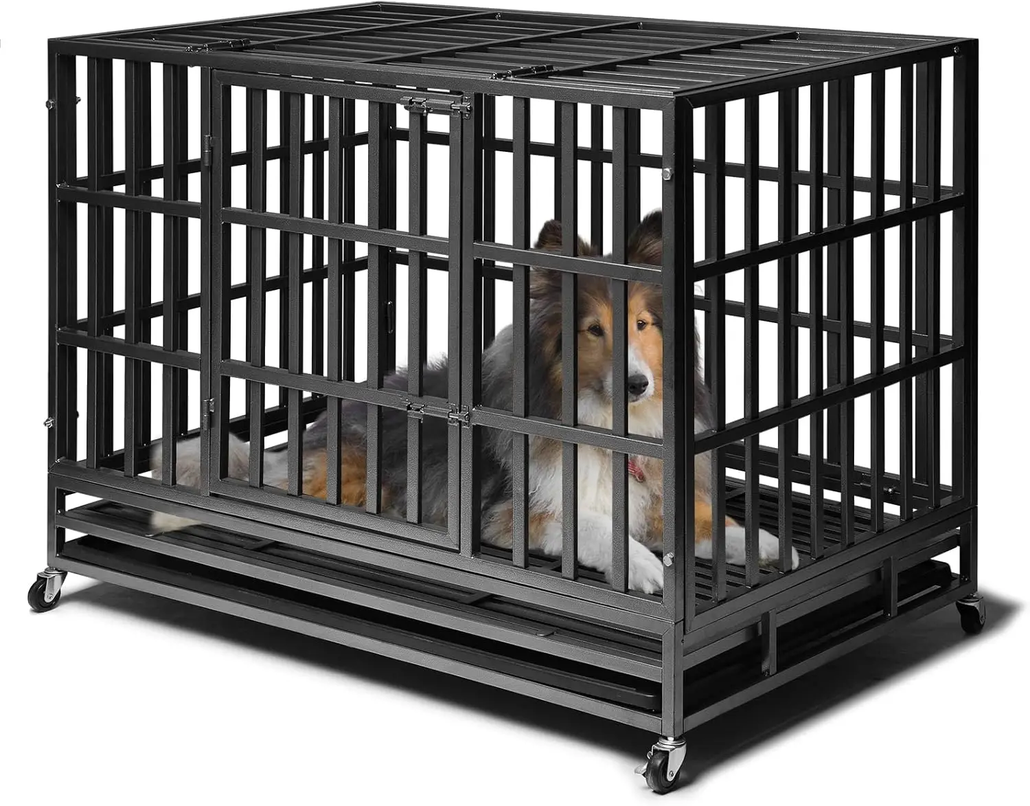 

48 inc Heavy Duty Dog Kennel Crate Cage with Strong Metal Frame, Double Doors and Lockable Wheels, for Extra Large Dog Breeds, P