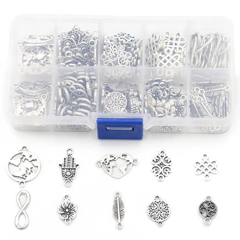 1Set 100pcs 2Color 10 Styles Connector Charm Herat Flower Pendant Kit With Box Material For DIY Jewelry Necklace Bracelet Making