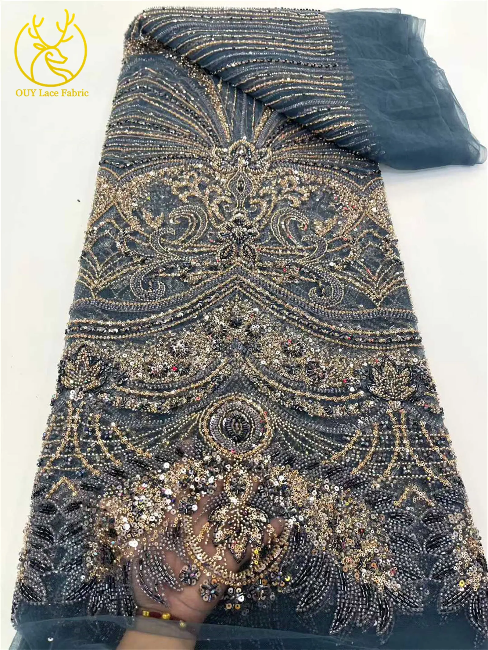 African Heavy Groom Beaded Lace Fabric 2025 High Quality French Nigerian Sequin Lace Fabric for Bridal Party Dress Sewing 5Yards