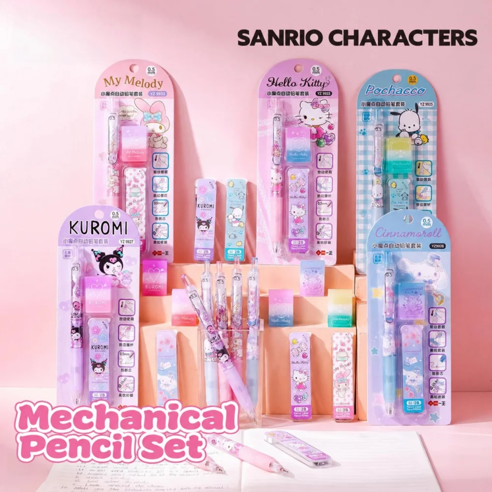Genuine Sanrio Mechanical Pencil Set 0.5mm 2B Hello Kitty Kuromi My Melody Cinnamoroll Pochacco School Writing Stationery Gift