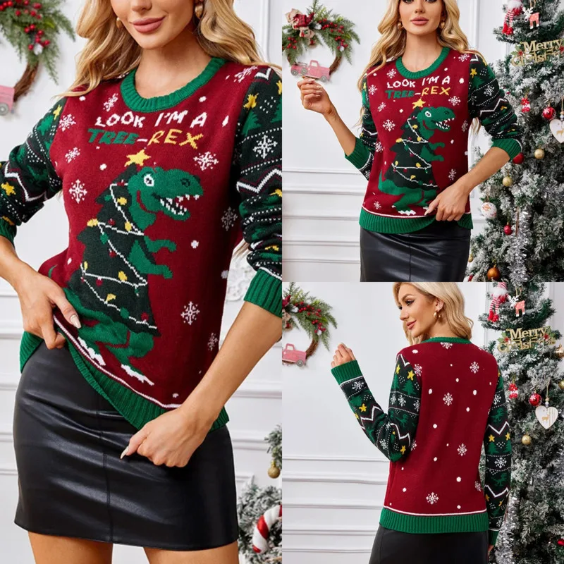 

Dinosaur Print Sweater Girl Full Coat Knit Pullover Soft Loose Knitwear Christmas New Year Costume Xmas Jumpers Holiday Top New