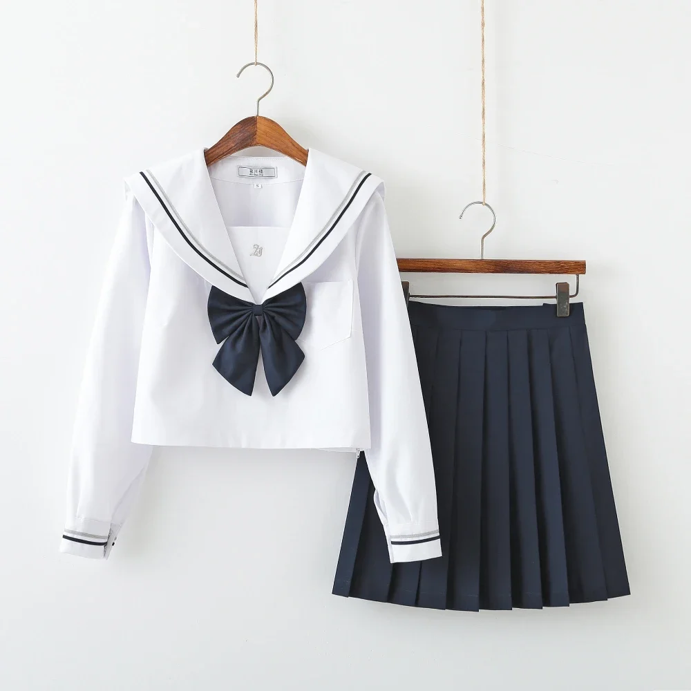 Japanse Schooluniform Meisjes Jk Pak Marineblauwe Stropdas Wit Twee Basic Sailor School Shirt Pak Sex Plooirok Plus Size Vrouwen