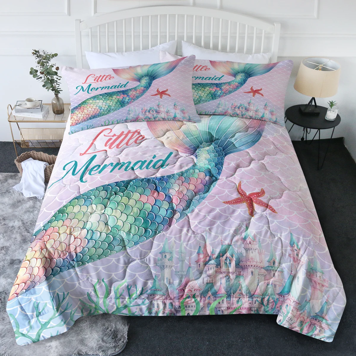 

Pink and Blue Mermaid Tail with Fairy Tale Castle Printed Comforter Set Room Decor Suitable for All Seasons