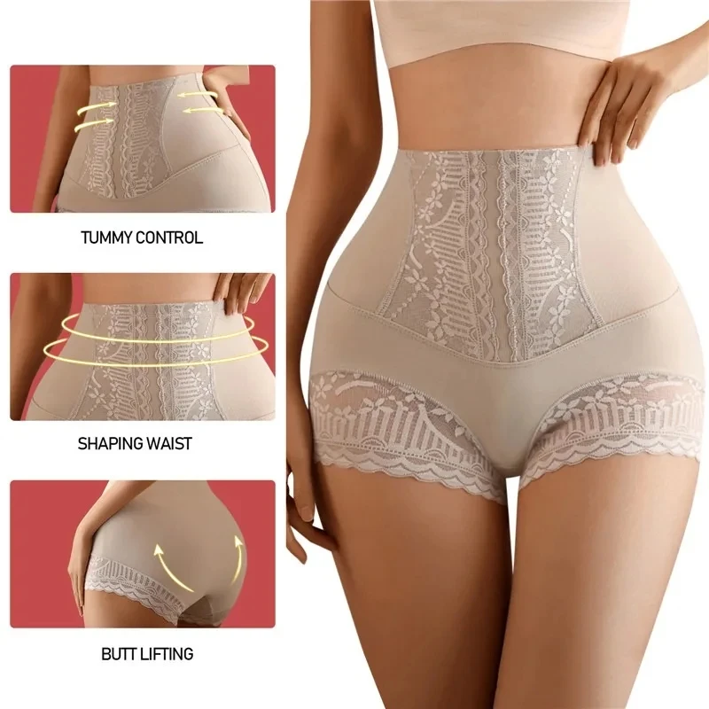 Women High Waist Tummy Control Panties Seamless Shapewear Briefs Lace Slimming Shorts Flat Belly Shaping Postpartum Underwear