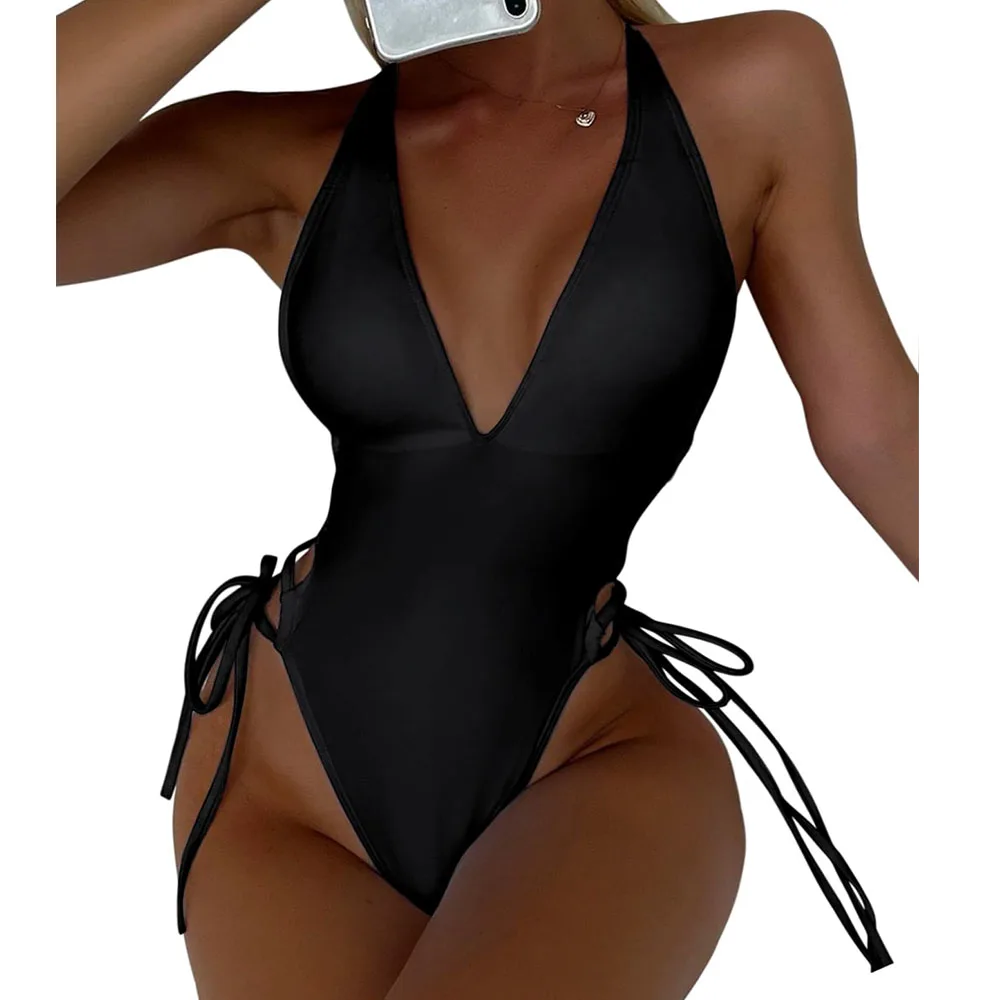 Women Deep V Neck Sexy Swimsuits One Piece Slimming Modest Bathing Suit Color Block Drawstring Swim Suits