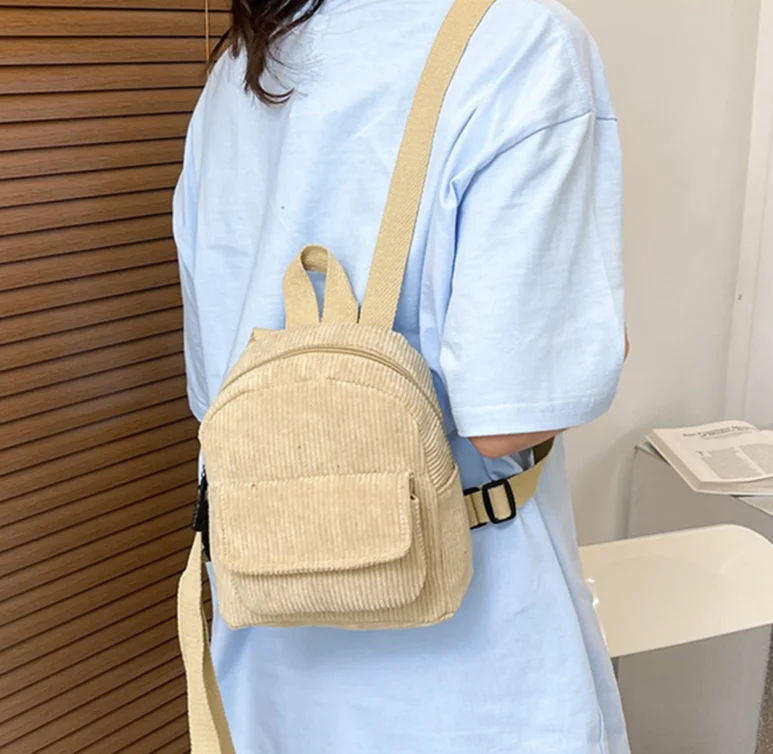 Corduroy Mini Backpack Multiple Pockets School Bag Classic Solid Color Shoulder Bag S/M/L Soft Unisex Female Commuter Travel Bag