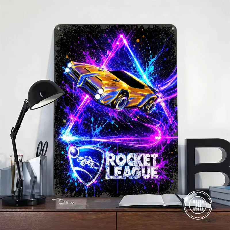 Rocket League Car With Neon Splatter Poster Retro 3D Printed Metal Signs Customized Wall Hanging Gift for Vintage Home Decor