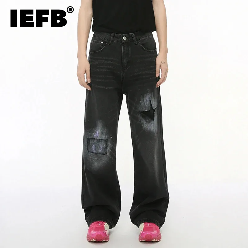 IEFB 2024 Autumn Streetwear Men Jeans Patch Piercing Design Straight Wide Leg Male Denim Pants New Trendy Hole Bottoms 9C7300