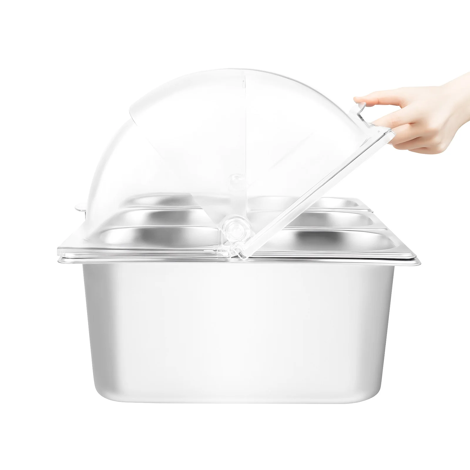 

Stainless Steel PC 6 Grids 1.45L Ice Food Serving Display Tray Each Pan Hot Cold Dual Use Buffet Chilled Platter Roll Top Clear Cover Double Side Opening Dustproof Food Tray Easy Assemble Clean for Party Banquet Restaurant Catering